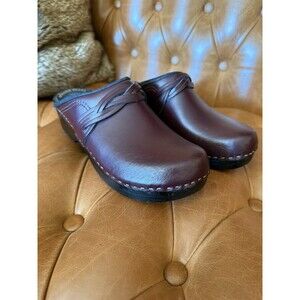 Sven Clog Master Women Eu 41 Burgandy Leather Woven Accent Shoes Wooden Slip On